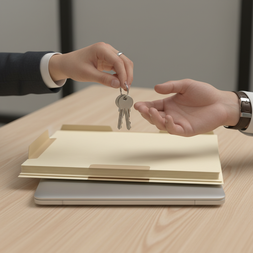 Close-up of house keys exchanged over legal folders during real estate closing with attorney, illustrating factors behind the cost of a real estate attorney