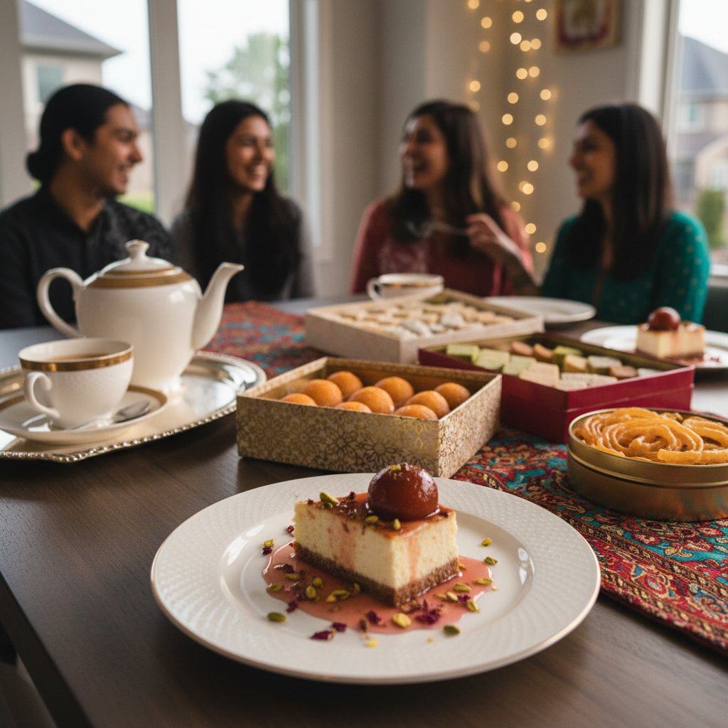 Celebration dessert table in Brampton with a plated slice of gulab jamun cheesecake beside mithai boxes and tea