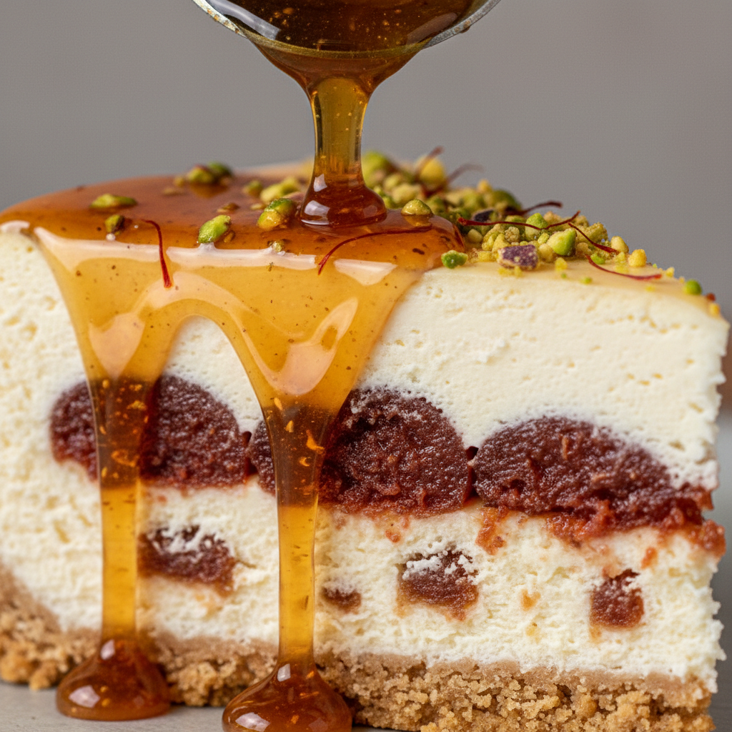 Close-up slice of gulab jamun cheesecake with syrup drizzle and crumb crust, highlighting fusion sweets texture