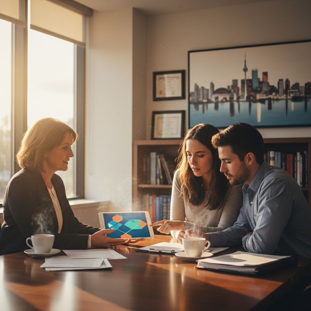 Real estate lawyer consulting clients in Etobicoke office, reviewing floor plan to align closing steps and manage the cost of a real estate attorney