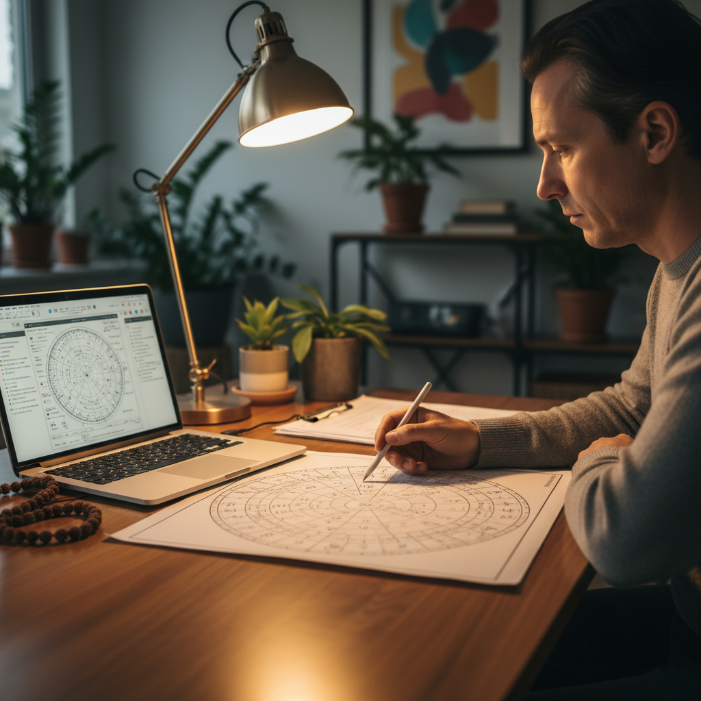 Astrologer evaluating a birth chart to personalize planetary pooja recommendations and daily mantra counts