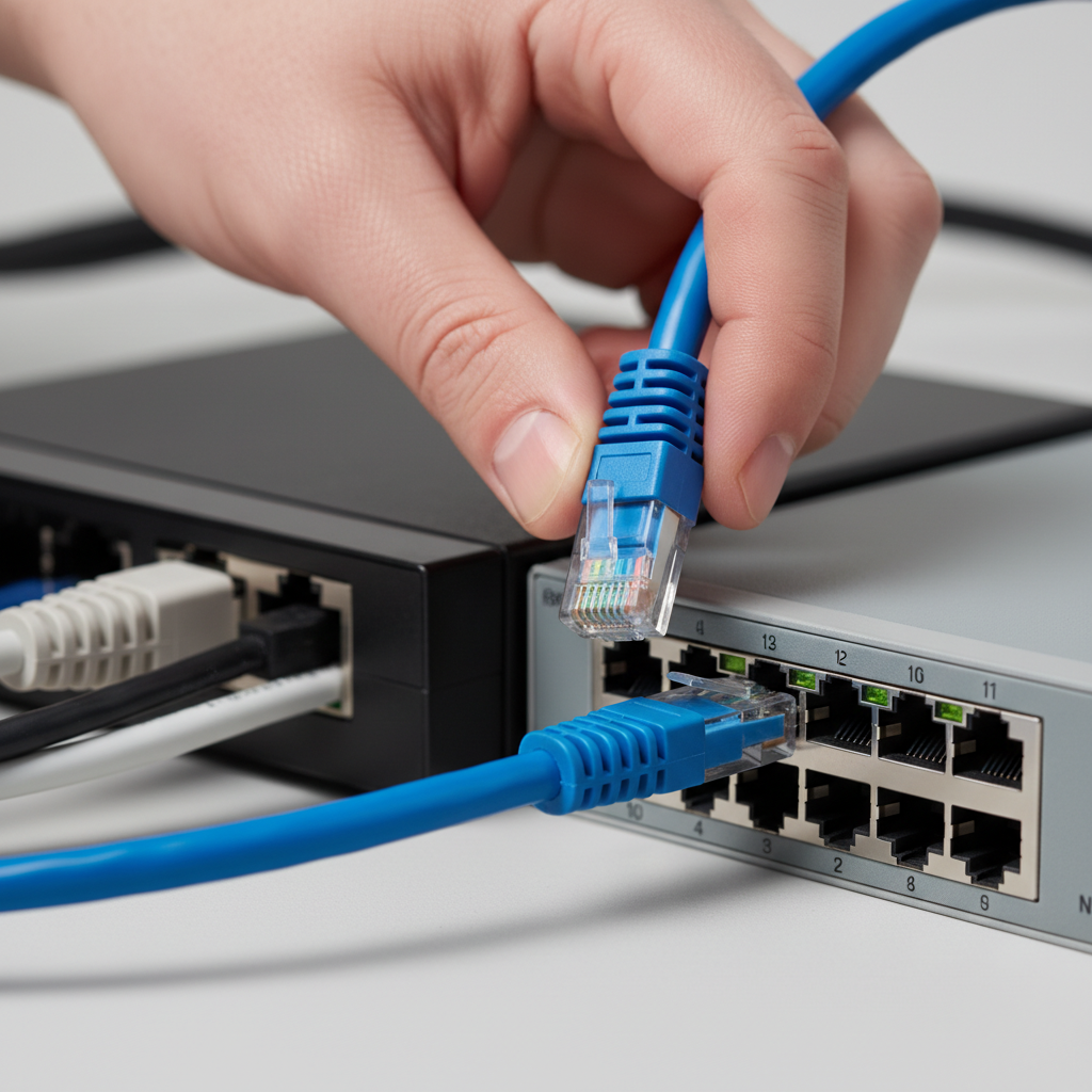Close-up of PoE switch and NVR connections for a Hikvision NVR 16 setup with Cat6 cabling