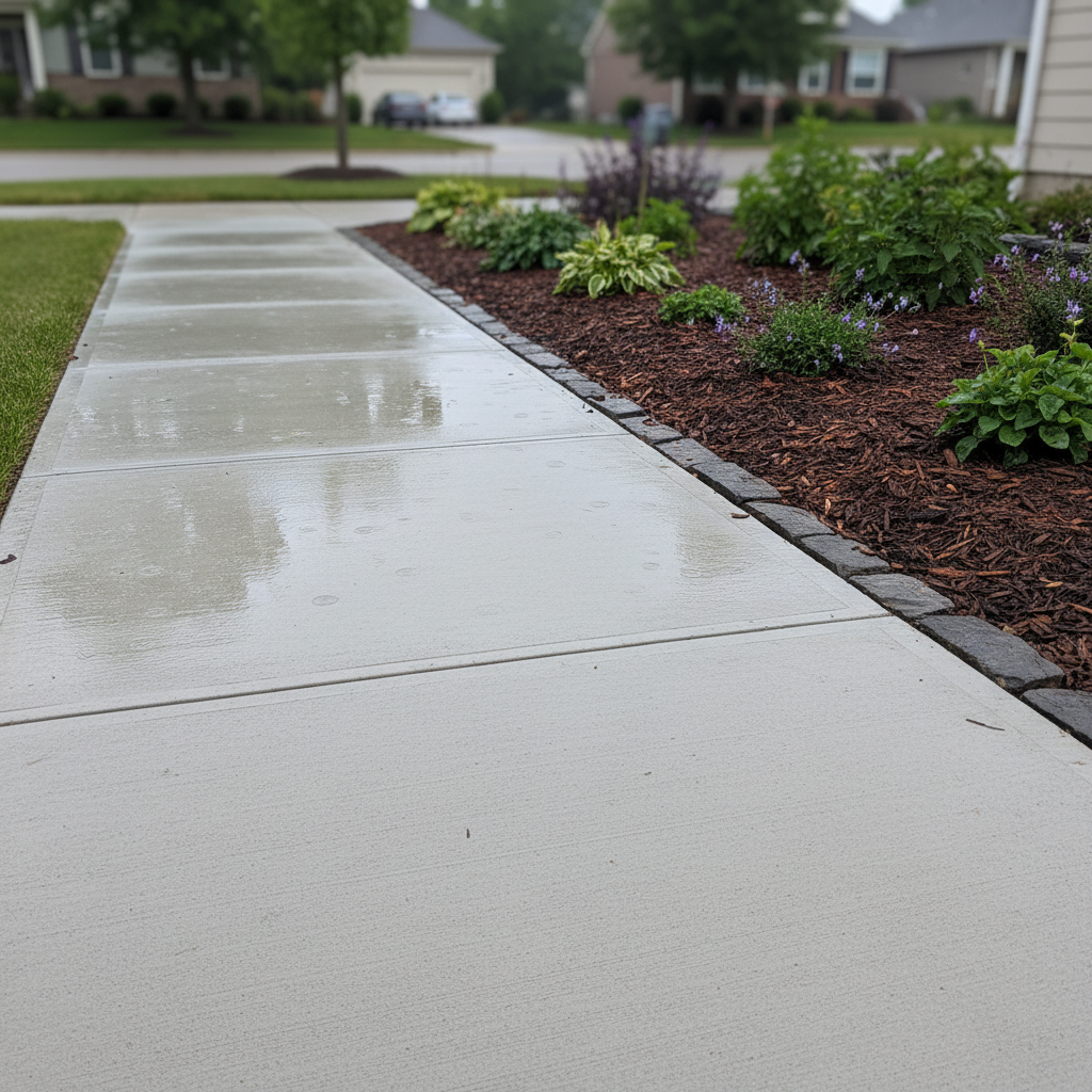 Side-angle view of a poured concrete sidewalk with clean control joints beside mulched garden edging in Mississauga