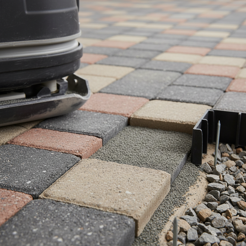Close-up of interlocking walkway pavers with polymeric sand and edge restraint, showing durable base preparation for Mississauga hardscapes