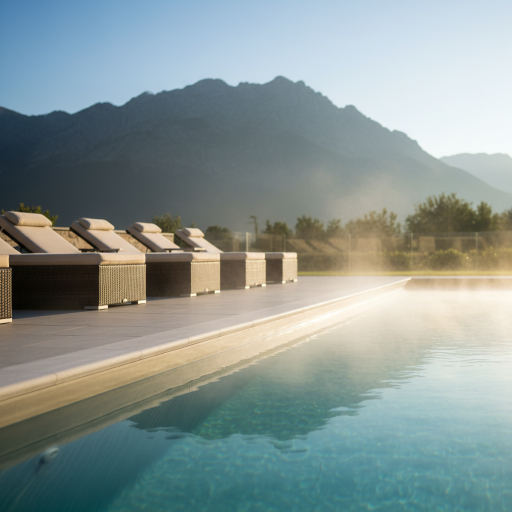 Outdoor heated pool detail near North Conway hotels with mountain backdrop