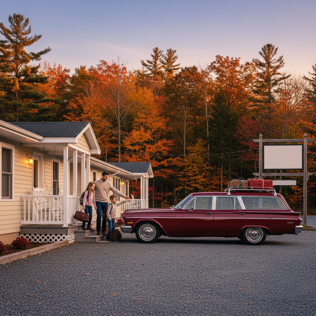 Family arriving at a North Conway motel with adjacent parking and enclosed porch