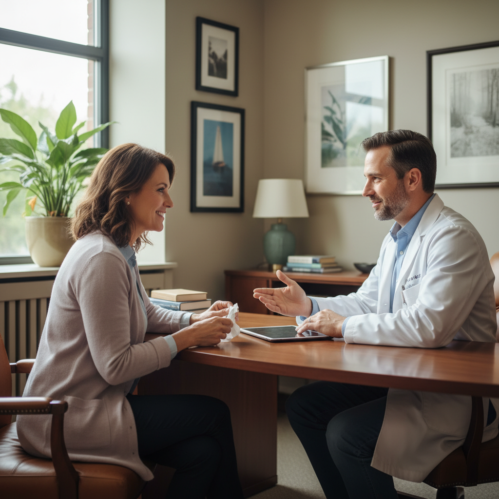 Supportive physician visit at a same-day methadone clinic in Ontario, discussing OAT options like Suboxone, Sublocade, and Kadian