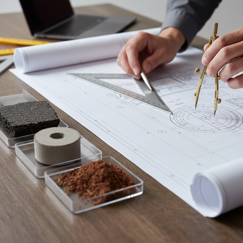 Planning and construction close-up: architect reviewing site plan with scale ruler, compass, and Texas soil and asphalt samples