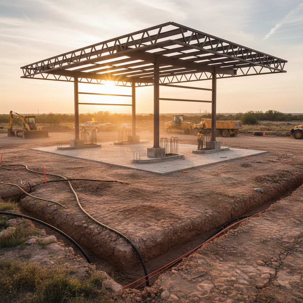 Texas gas station construction scene: canopy frame, rebar, concrete forms, and utility trenches at golden hour