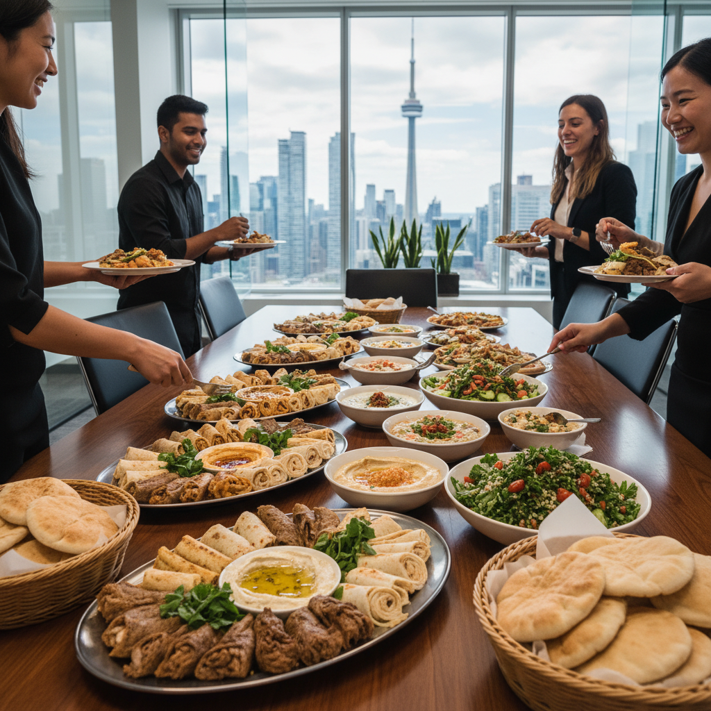 Corporate shawarma catering platters on a conference table in Toronto with salads, dips, and pitas as people serve themselves