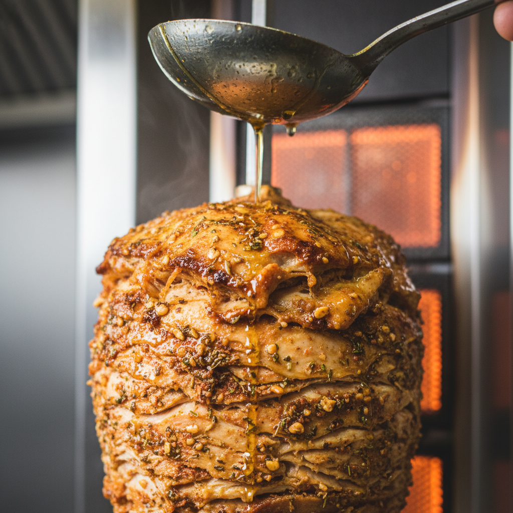 Close-up of chicken shawarma roasting on a vertical spit with caramelized edges and spices, illustrating authentic shawarma preparation for Toronto diners