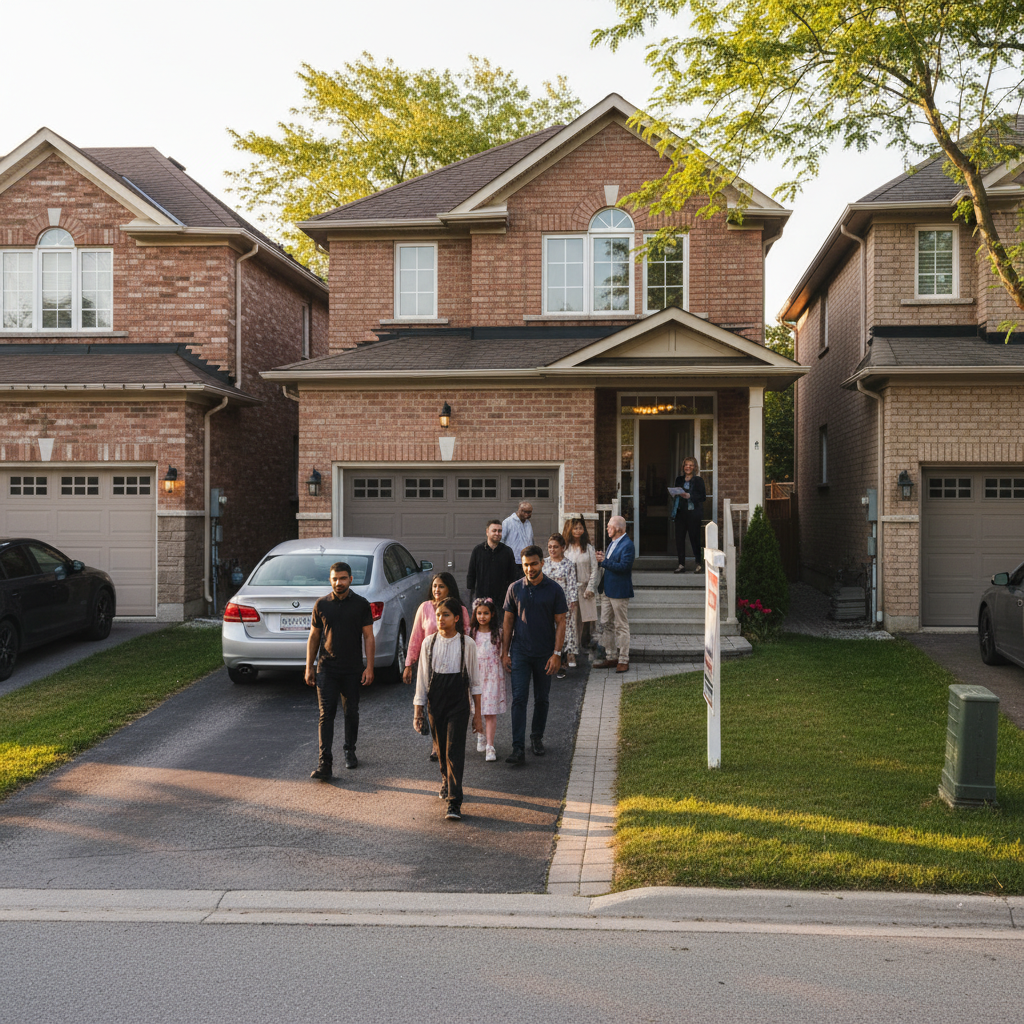 Open house scene in a Brampton neighborhood with brick detached homes during golden hour, illustrating Ontario property tours