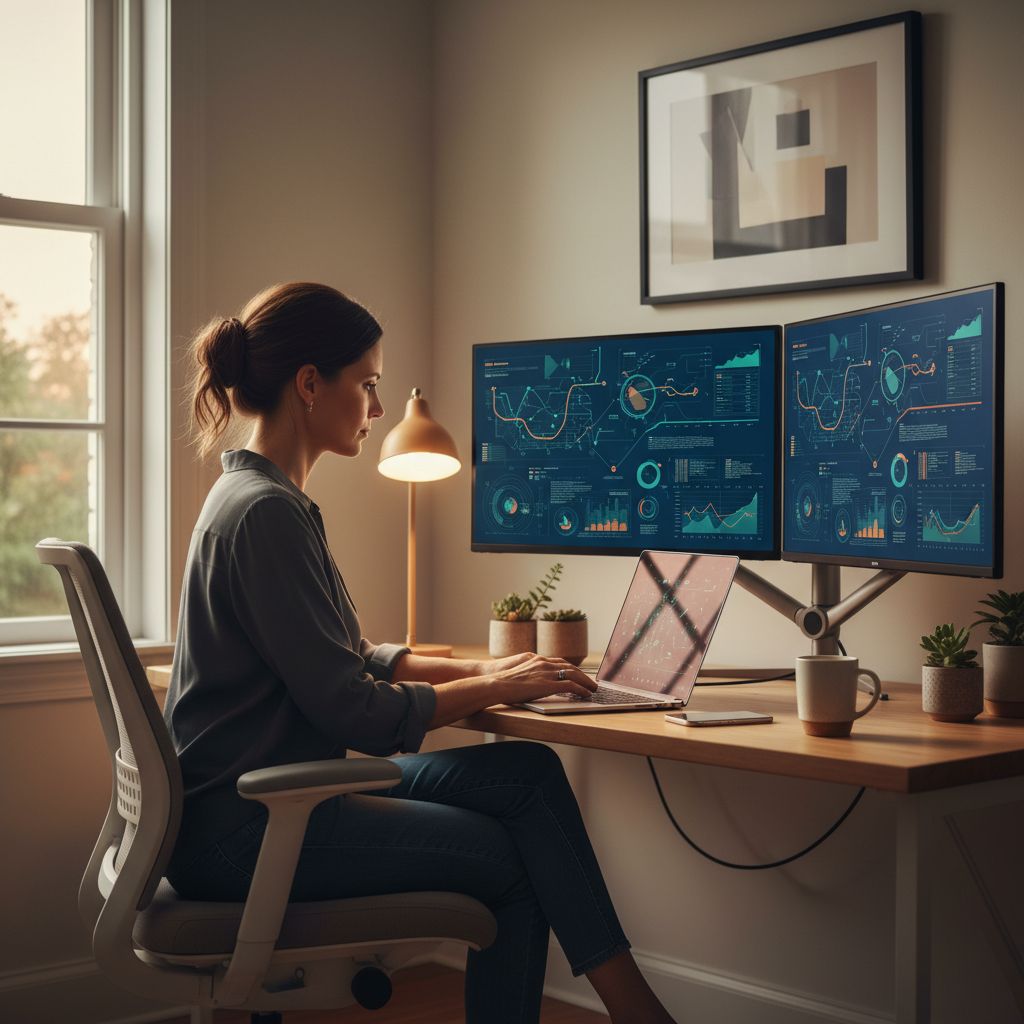 Portfolio management study at home office: professional reviewing portfolio dashboards and timelines across multiple monitors