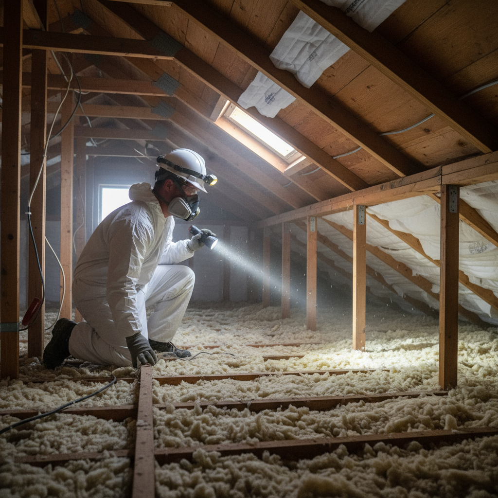 Attic inspection during a pre-purchase inspection showing safe joist navigation and flashlight illumination