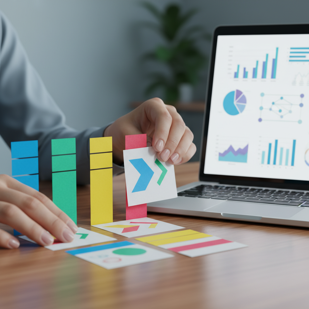 Portfolio management certification prep: close-up of kanban-style prioritization and sequencing using color-coded notes and a laptop