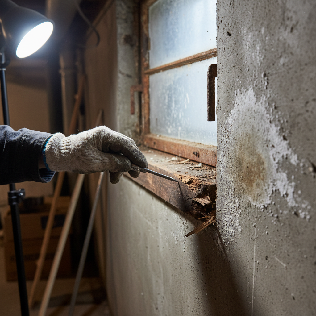 Close-up basement moisture check during pre-purchase inspection with efflorescence visible on concrete