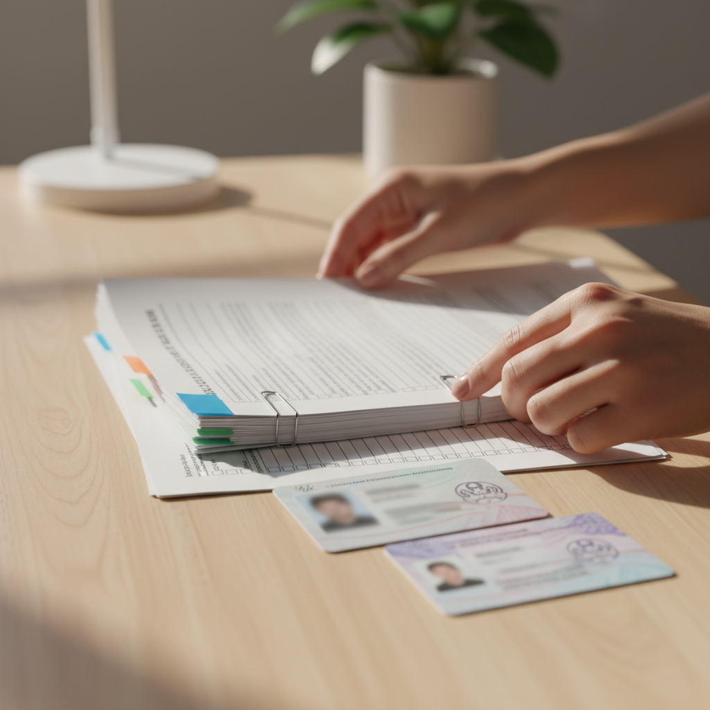 Close-up of hands organizing municipal, provincial, and federal permit documents for a Toronto small business