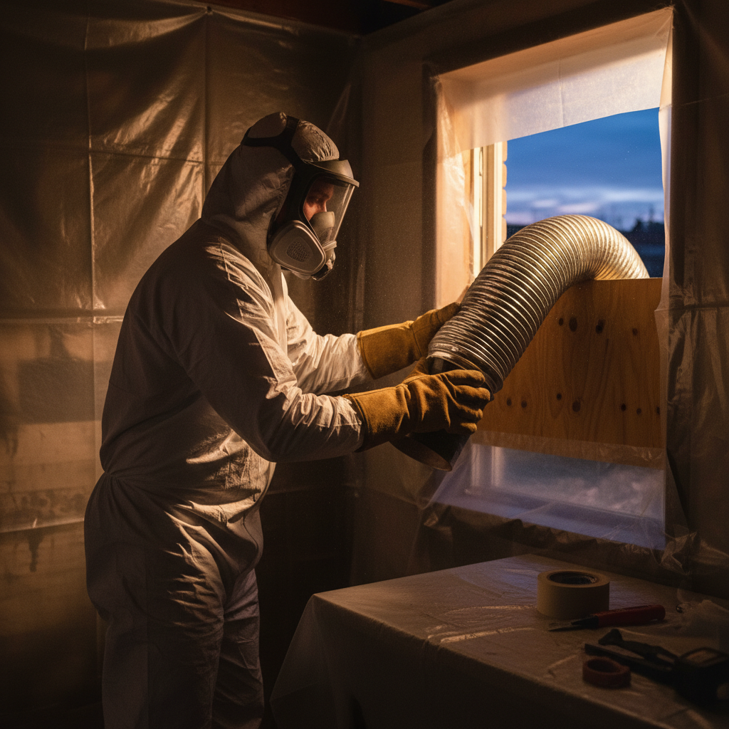 Technician in PPE installing negative air ducting during professional mold remediation in Ontario