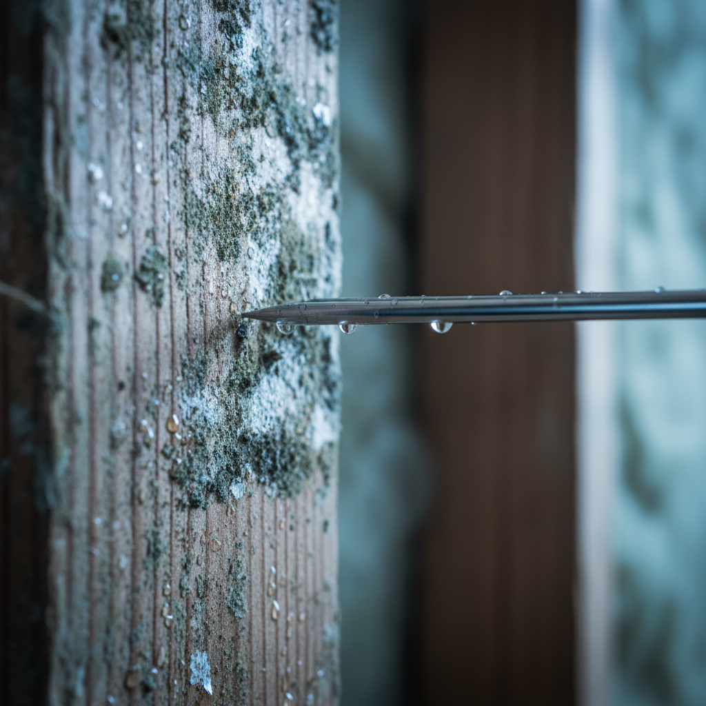 Close-up of a moisture meter on mold-stained wood framing during inspection for mold damage