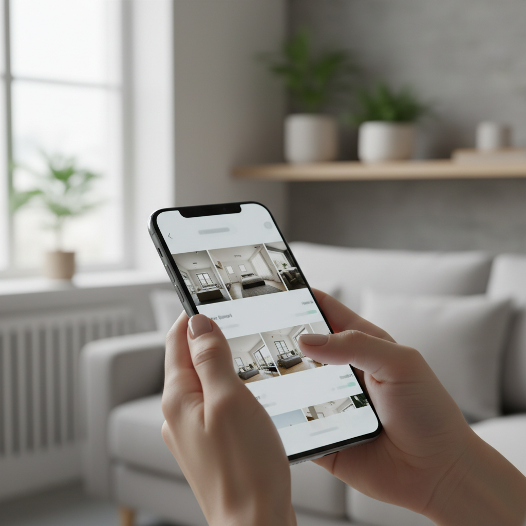 Browsing rental properties for rent on a smartphone using Houseup app interface with clean filters and search results