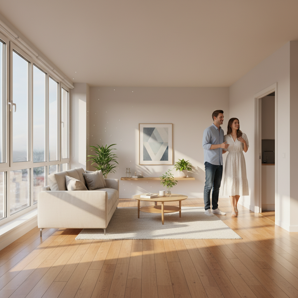 A couple touring a bright living room in a rental apartment after finding the unit on Houseup