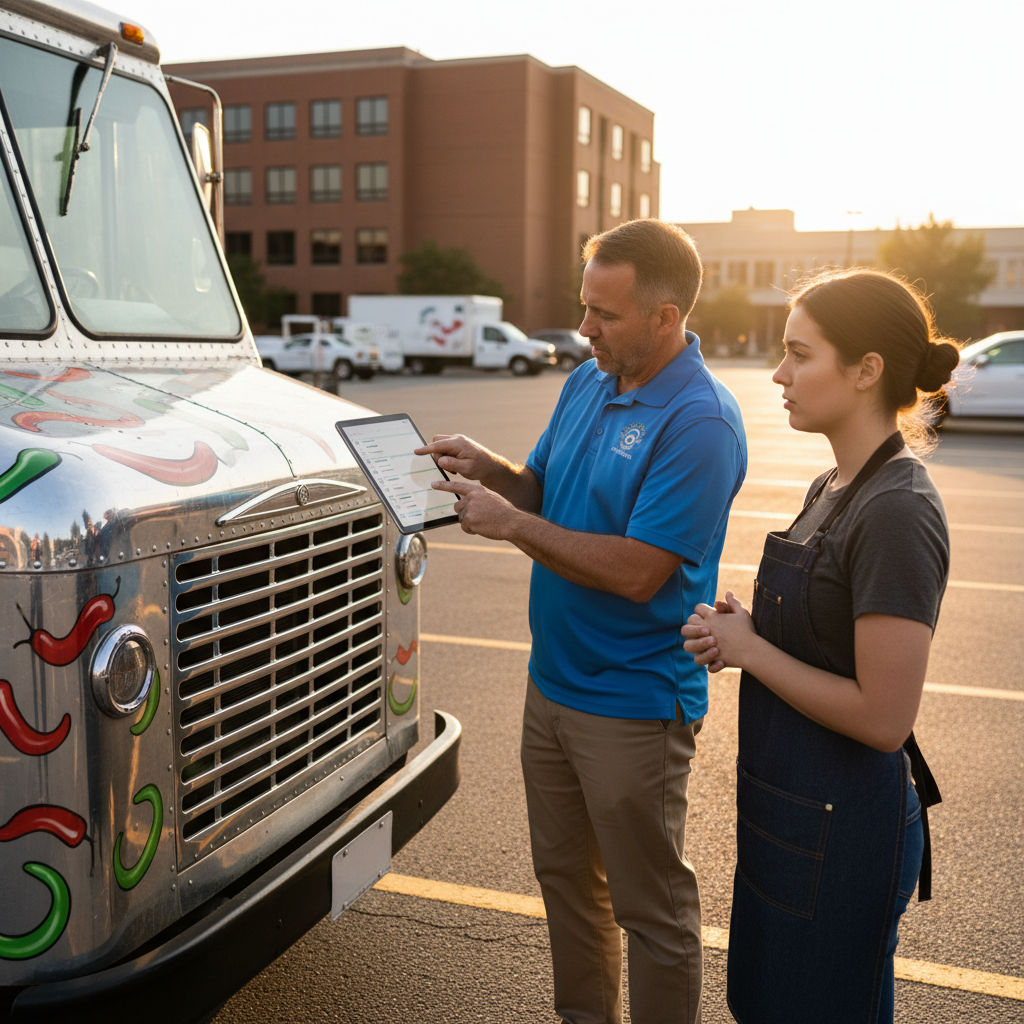 Municipal inspector reviewing a Toronto food truck during an operational check as part of multi-level permits
