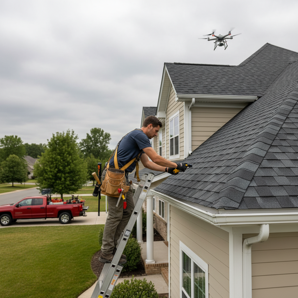 Roof inspection on a two-story Ontario home showing maintenance that supports better home insurance rates