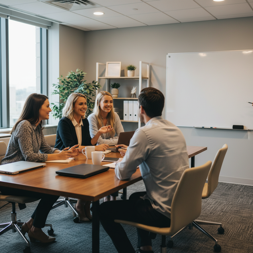 Team collaborating on keyword research strategy in an American office, representing topic clustering and internal linking