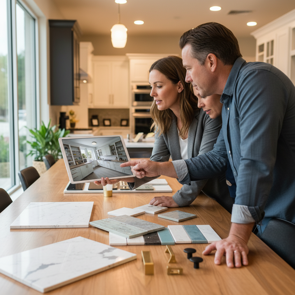 Kitchen Remodel Contractors: Avoid Delays in 2026 2 Homeowners reviewing a 3D kitchen design with a project manager in a showroom, selecting quartz, backsplash tiles, and hardware samples