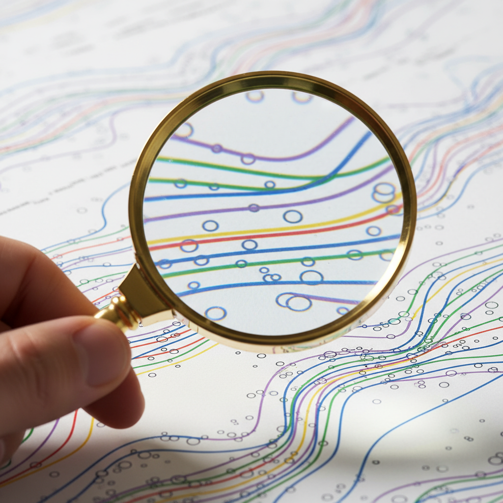 Close-up detail shot representing free SEO keyword research with magnifying glass over charts and data points