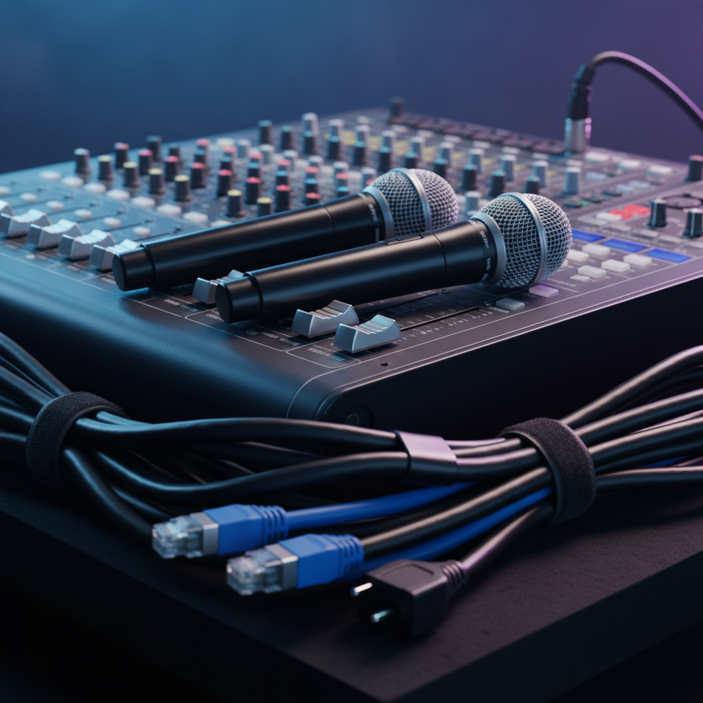 Close-up of professional AV gear for a corporate meeting: wireless microphones and digital mixer at Mississauga Convention Centre