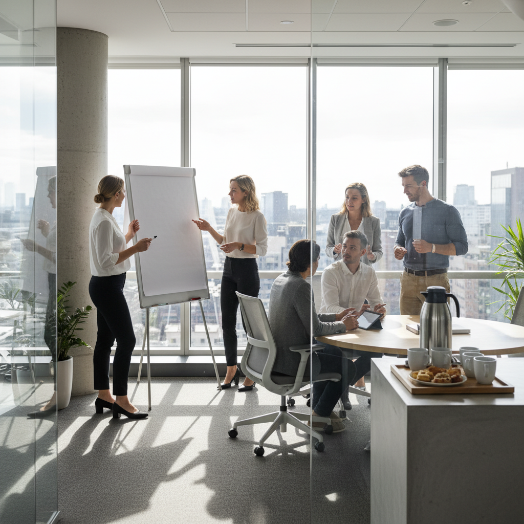 Breakout meeting scene in a glass-walled conference room with natural light at a Mississauga convention venue