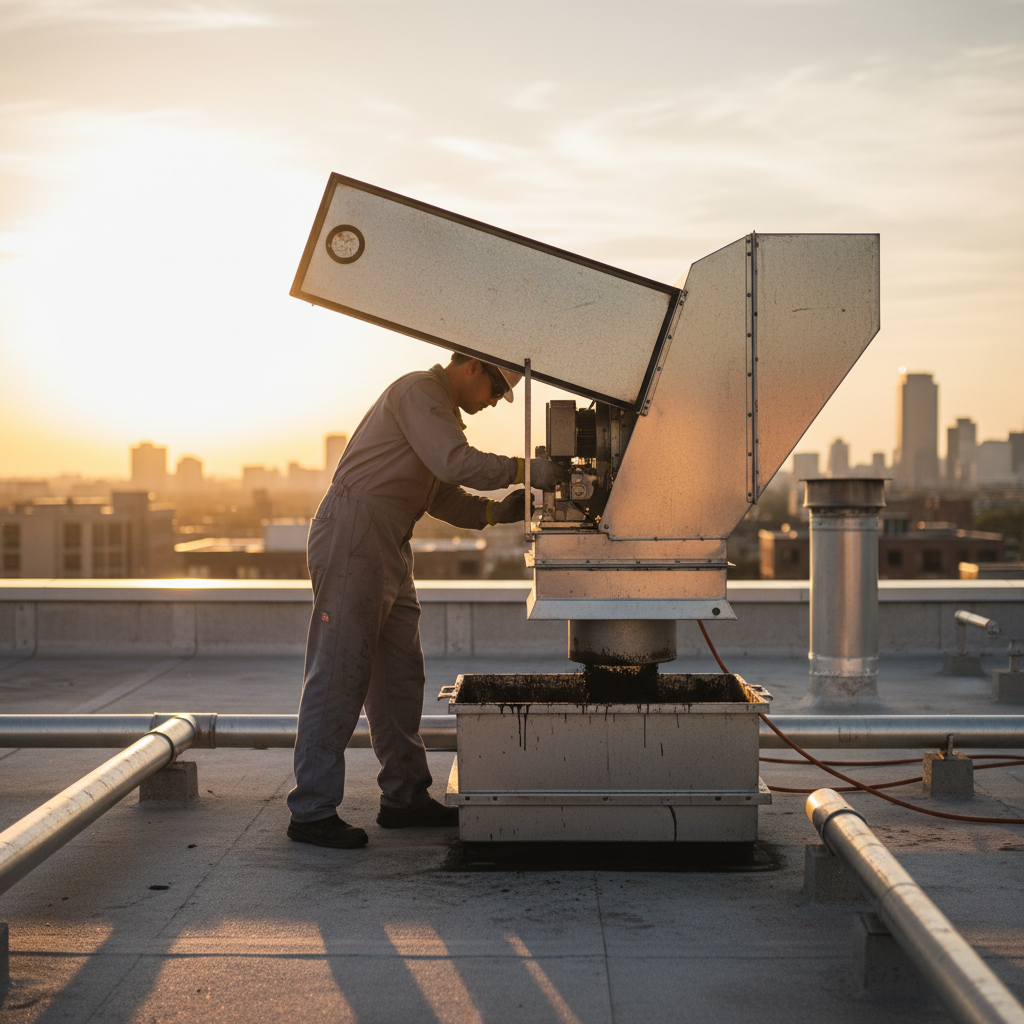 Rooftop exhaust fan service in Ontario: technician maintaining grease containment while supporting clean hood filters and ventilation performance