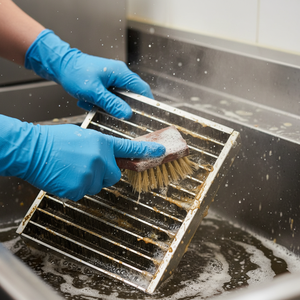 Close-up of cleaning exhaust filters: baffle filter being scrubbed with hot degreaser in a commercial sink for Ontario kitchen safety