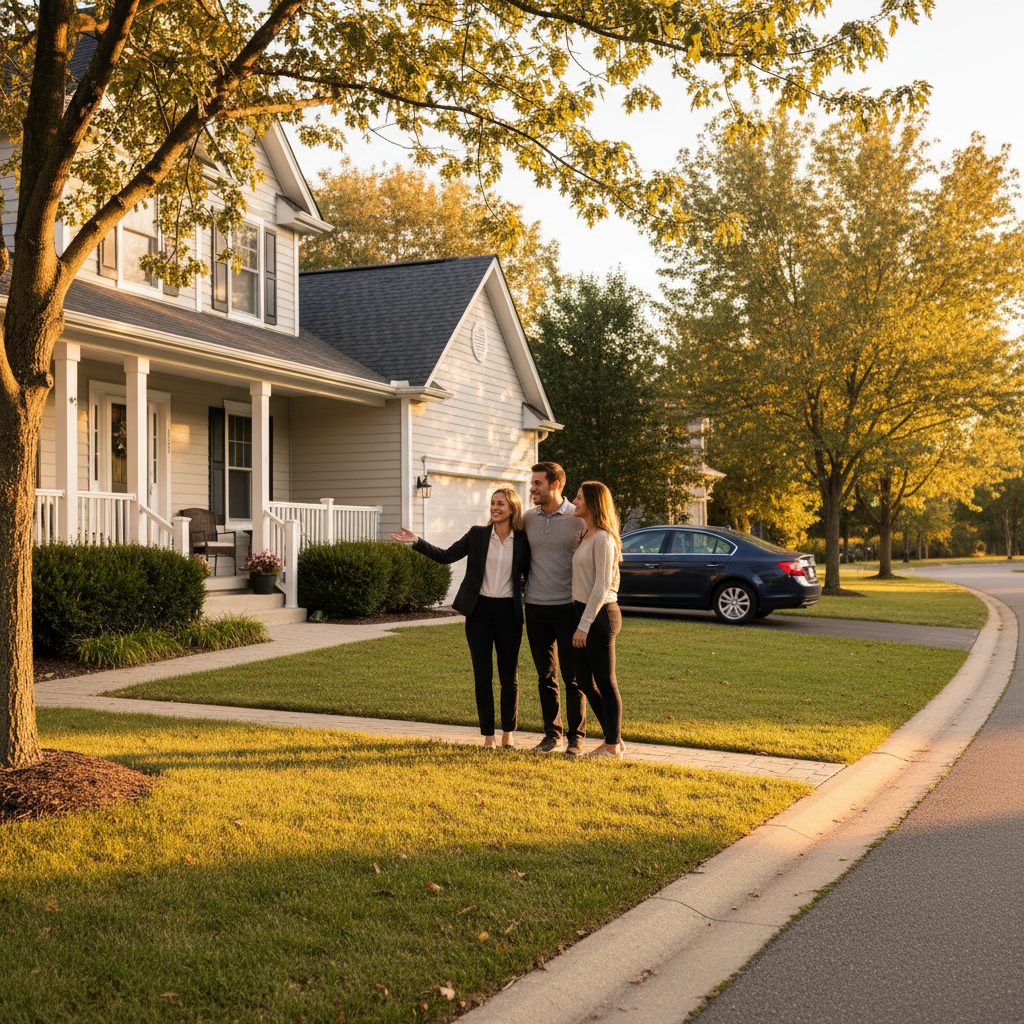 Buyers agent consulting with clients outside a Mississauga home at golden hour