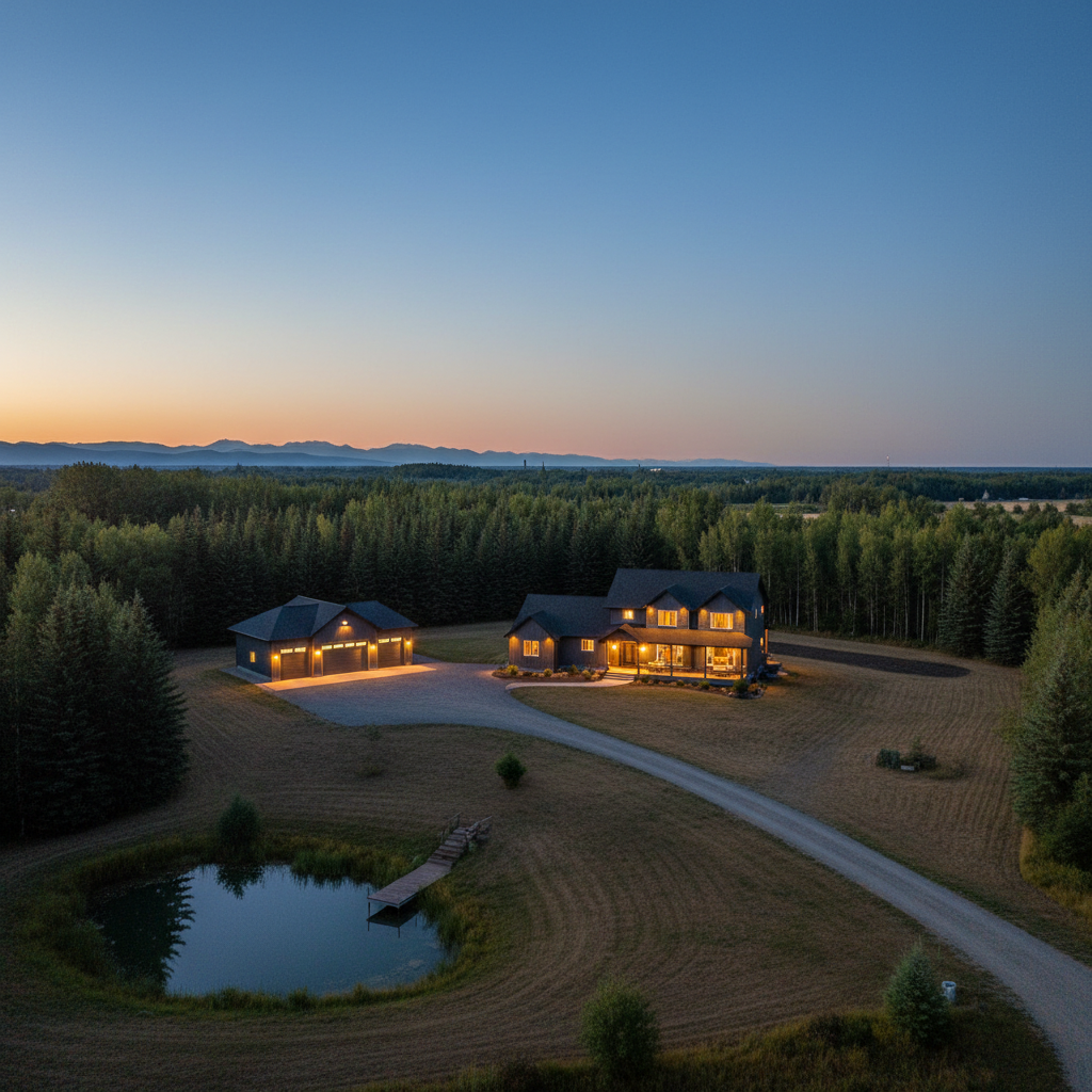 Acreage property in Parkland County with long driveway and shelterbelt trees, representing rural real estate near Edmonton