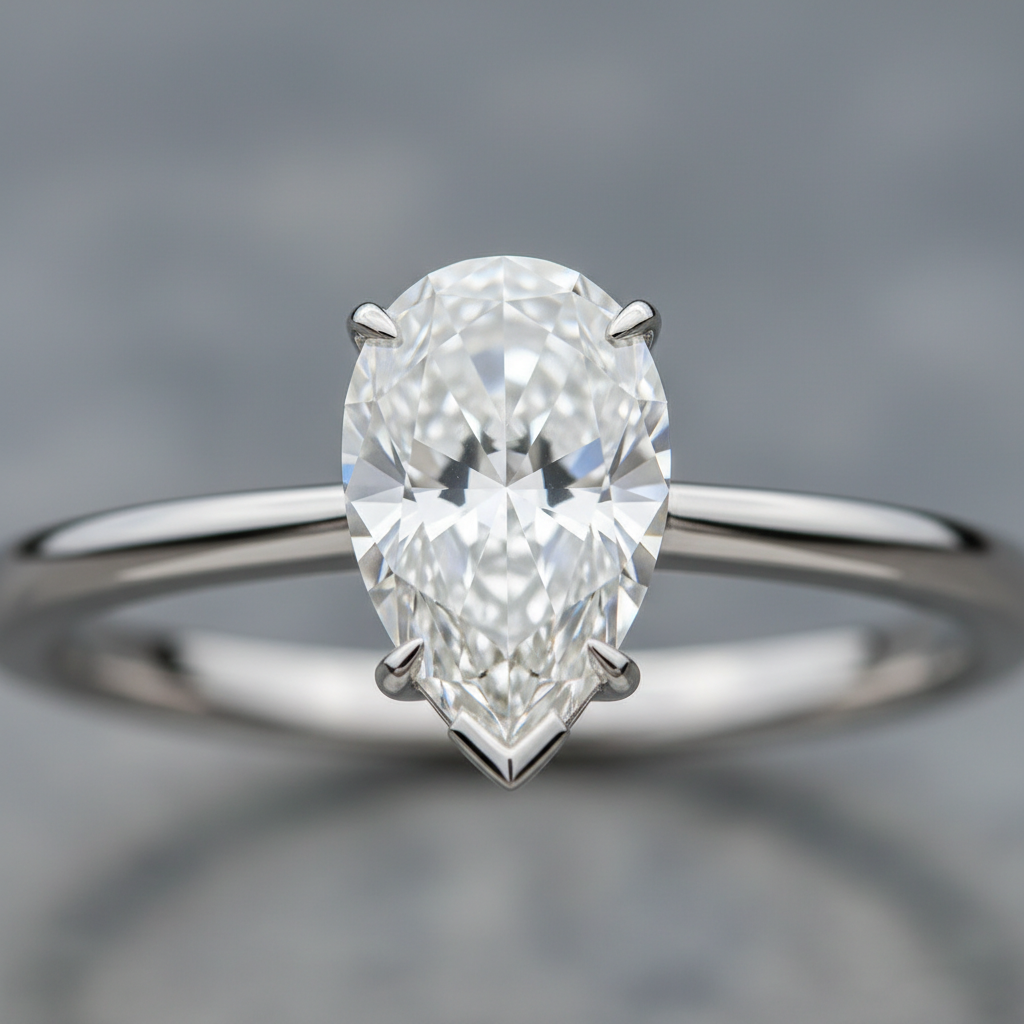Macro detail of a pear-shaped solitaire diamond showing V-tip prong and crisp facets for secure, elegant engagement ring