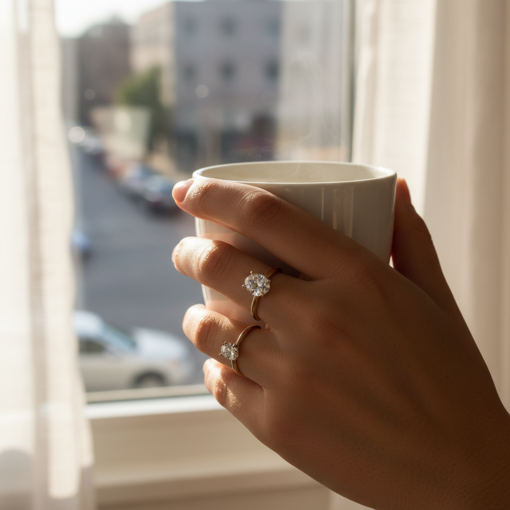 Lifestyle view of a pear-shaped solitaire engagement ring on hand, natural morning light, showing elegant finger-lengthening silhouette