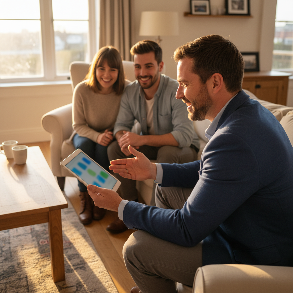Mortgage broker meeting with couple to compare lender options on a tablet