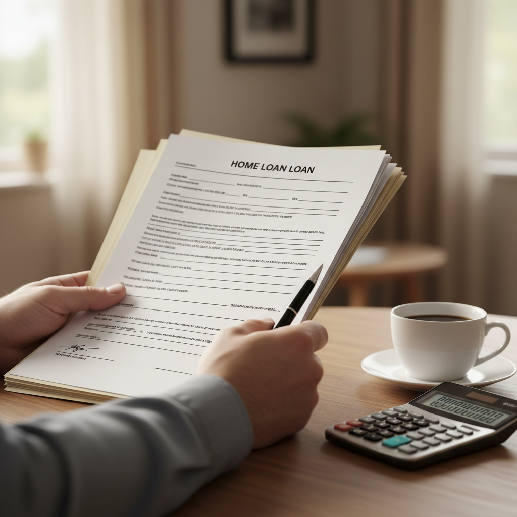 Close-up of hands reviewing home loan documents and calculator during lender comparison