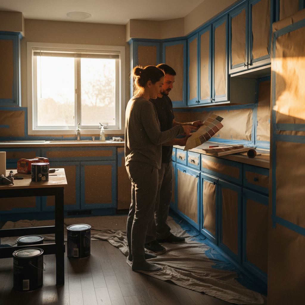 York Toronto homeowner reviewing cabinet paint color swatches with a technician before kitchen cabinet refinishing service
