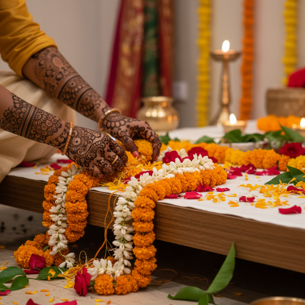 Close-up of marigold floral decor placed by a coordinator, illustrating Indian wedding coordination detail work in London
