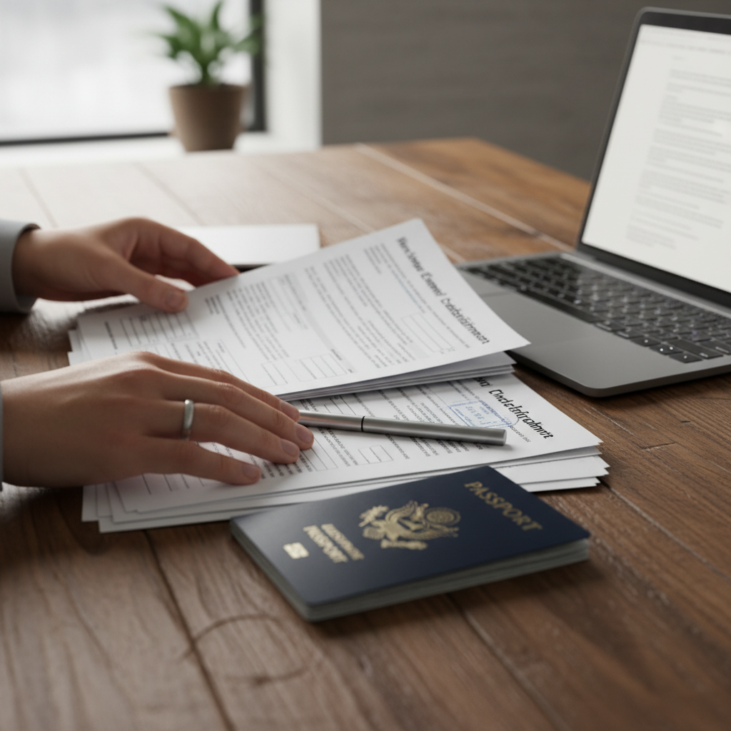 Close-up of Express Entry Canada application documents, passport, and laptop organized for a strong profile