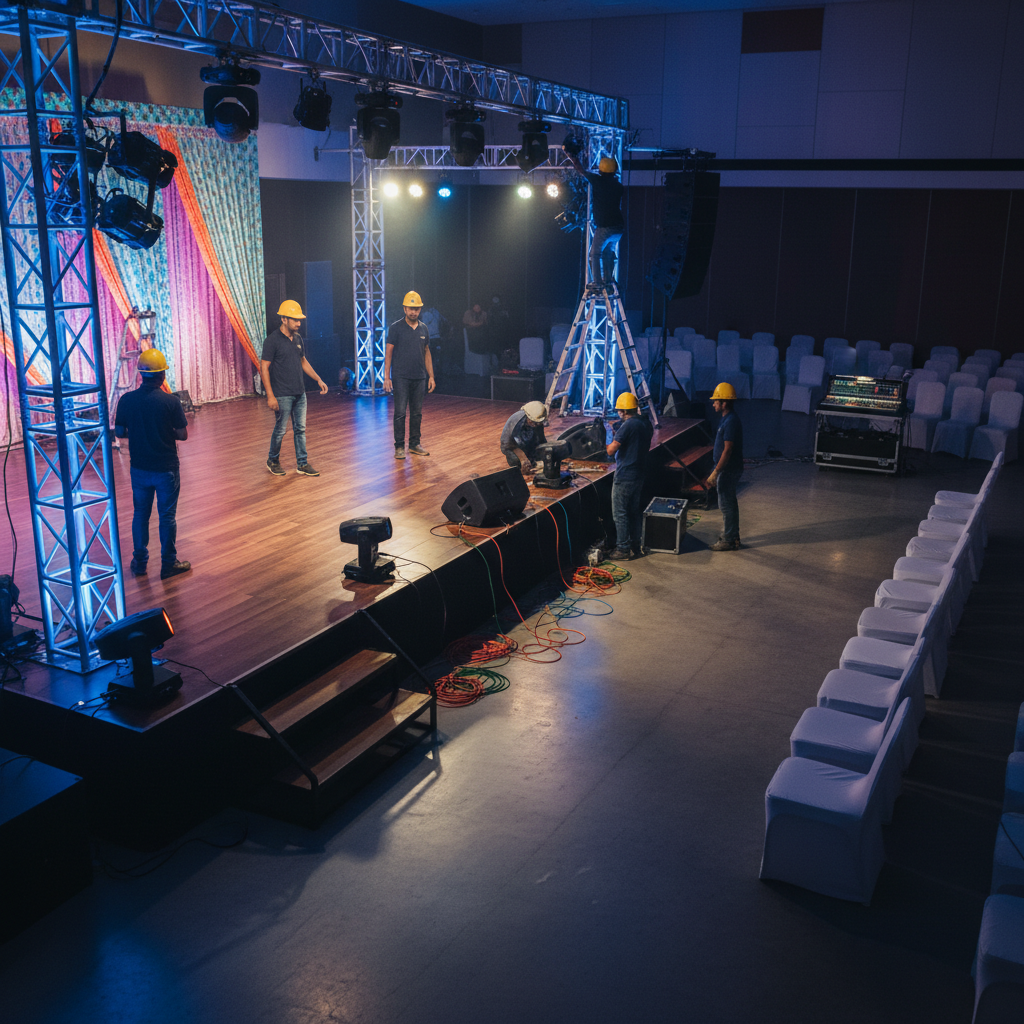 Sangeet setup with lighting and sound crew, illustrating Indian wedding coordinators managing vendors in Greater London