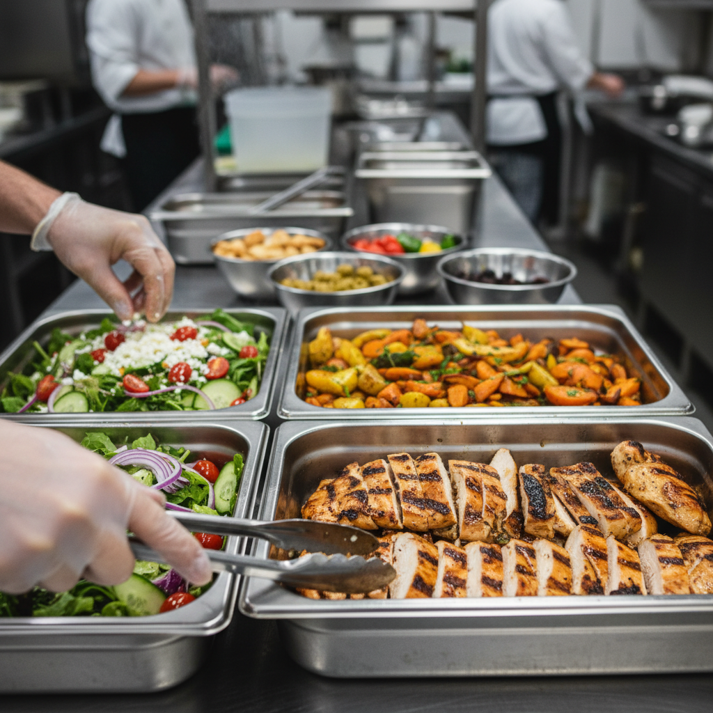 Close-up of buffet-style catering prep with grilled chicken, roasted vegetables, and salad toppings in stainless pans for Toronto office catering