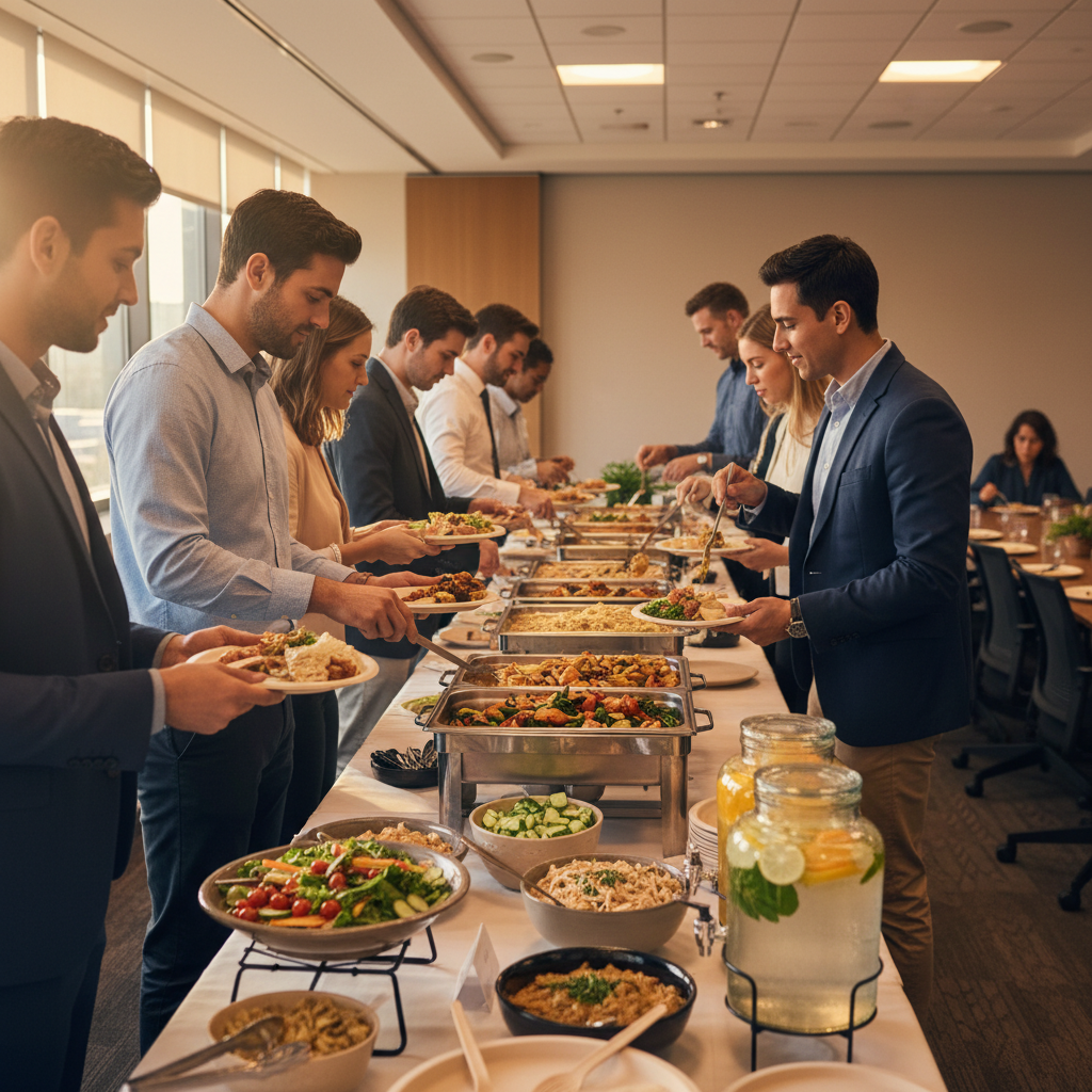 Conference room buffet line in Toronto office with employees serving themselves from labeled stations and citrus water dispensers