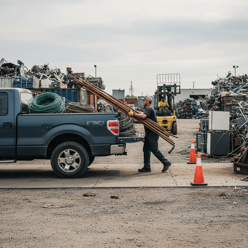 Customer unloading copper pipes and insulated wire at an Etobicoke copper recycling center drop-off lane