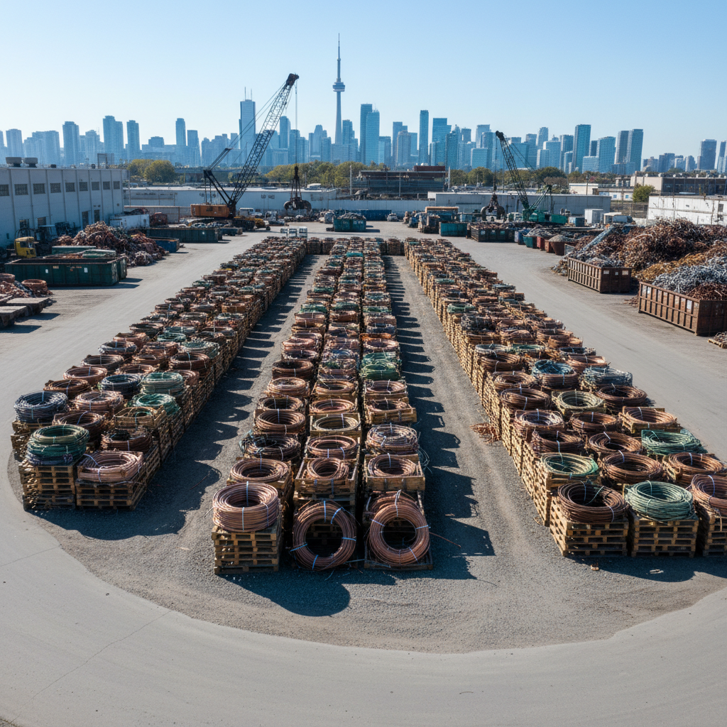 Copper recycling center overview at a modern Etobicoke scrap yard with organized copper wire and tubing pallets