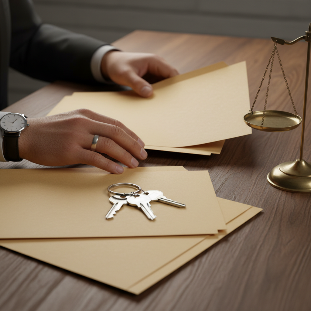 Close-up of a defense lawyer reviewing evidence items and disclosure for a criminal case in Ontario, illustrating how a lawyer for criminal defense examines details