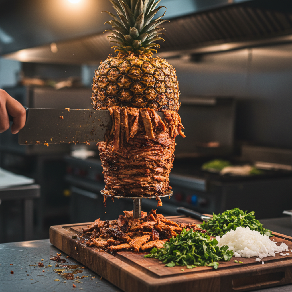 Close-up of al pastor tacos being prepared for Toronto Mexican catering with pineapple, cilantro, and onions